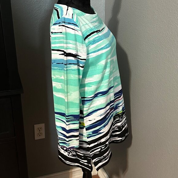 Rafaella Blouse L Abstract Green Blue 3/4 Sleeve Casual Coastal Beachy Chic NWT - Picture 5 of 8